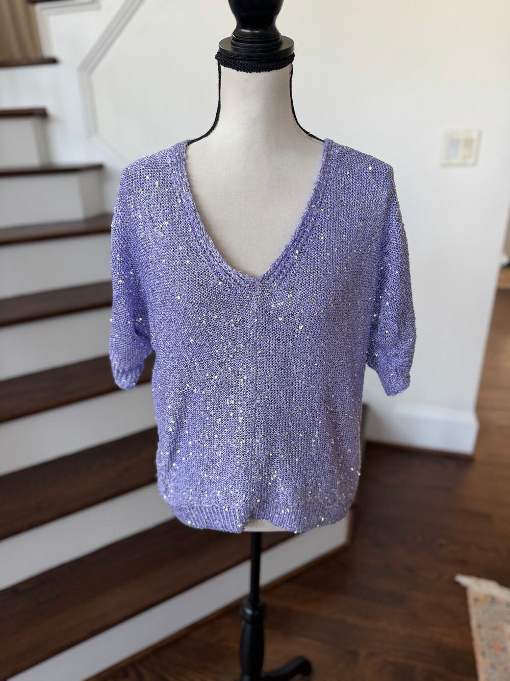 Boston Proper Lavender Purple Sequin Loose Knit 3/4 Sleeve V-Neck Sweater